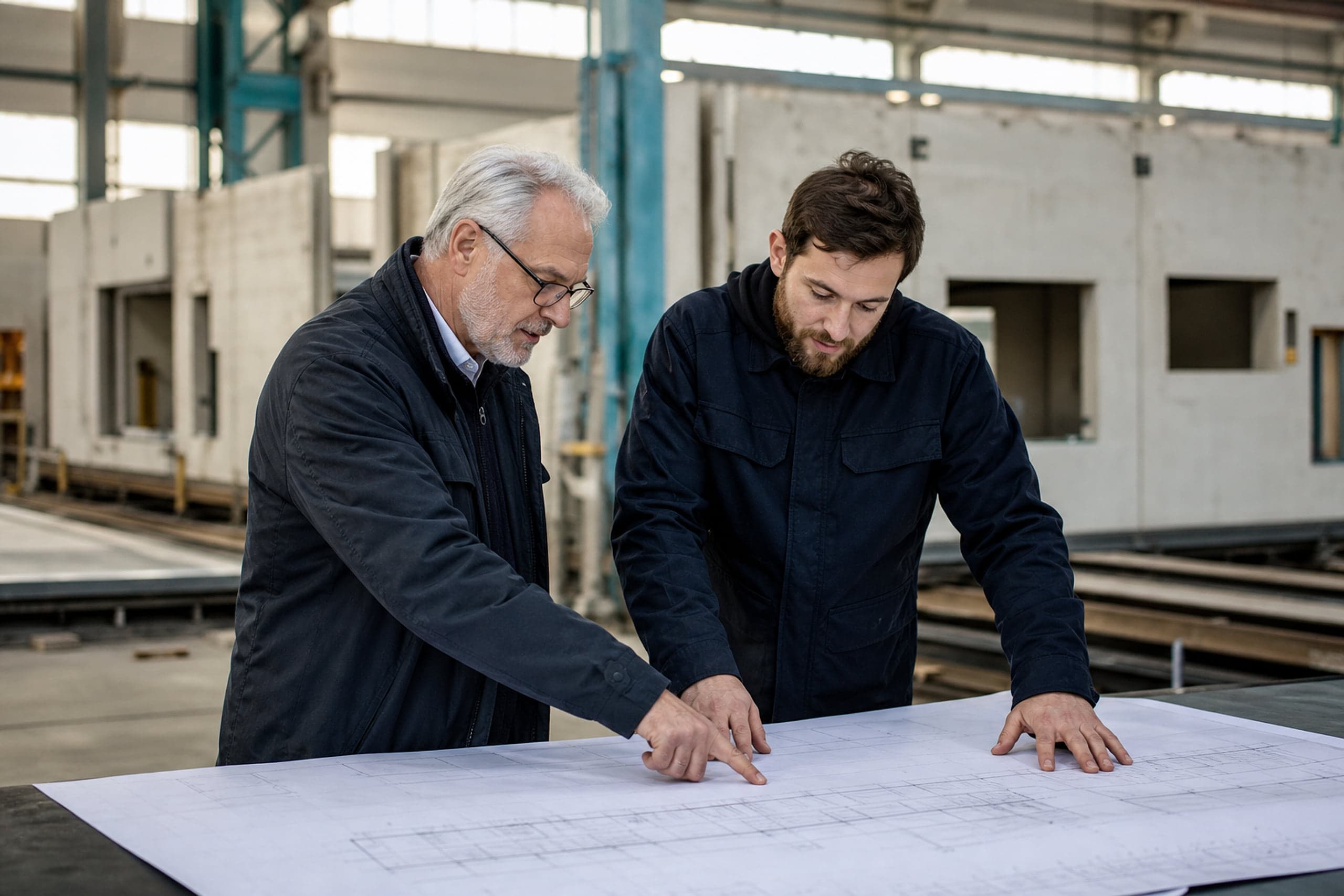 Ingenieure prüfen das Werkskonzept am Rand einer Fertigteilhalle