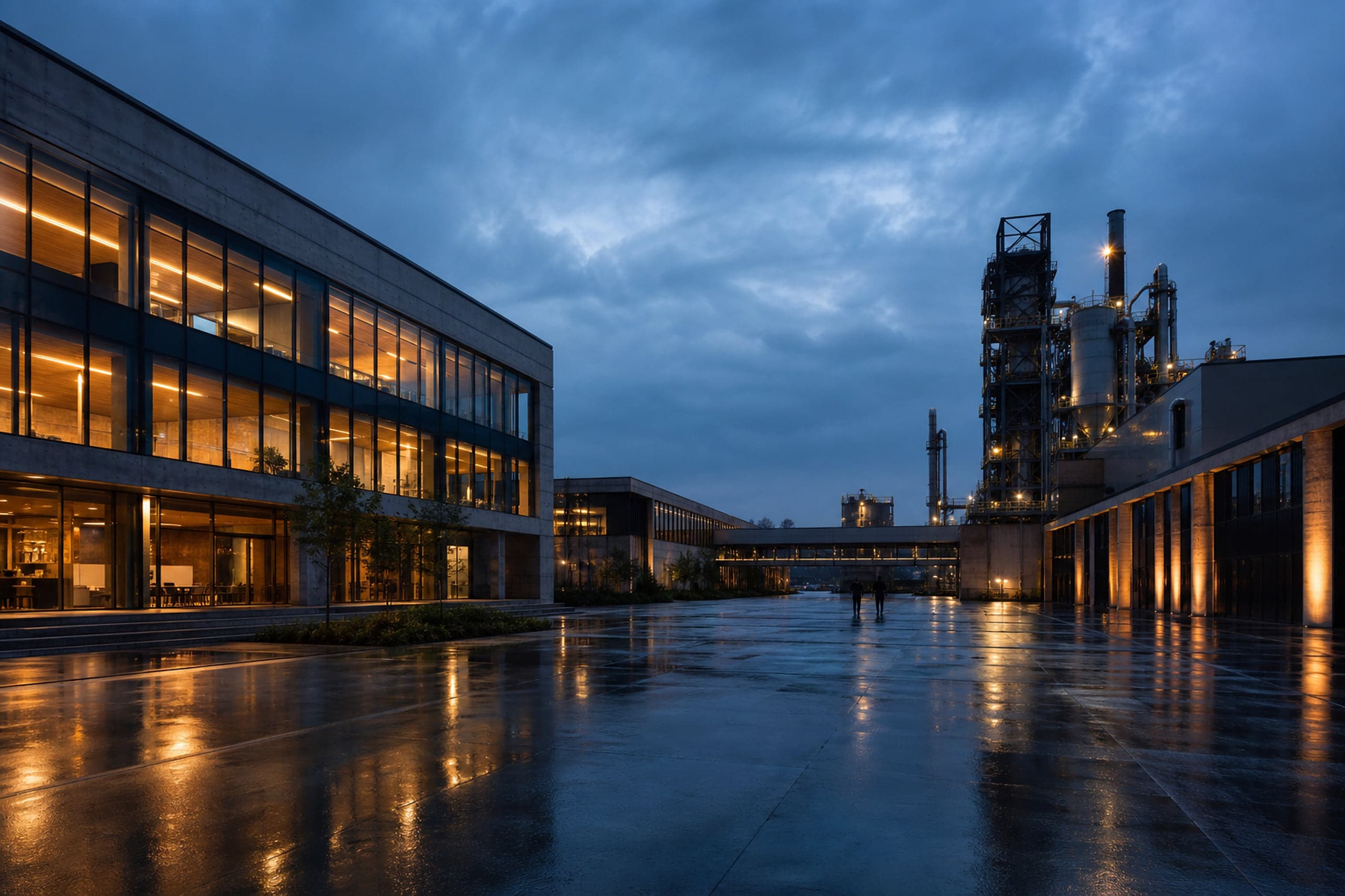 Industriecampus aus Beton und Glas in der blauen Stunde
