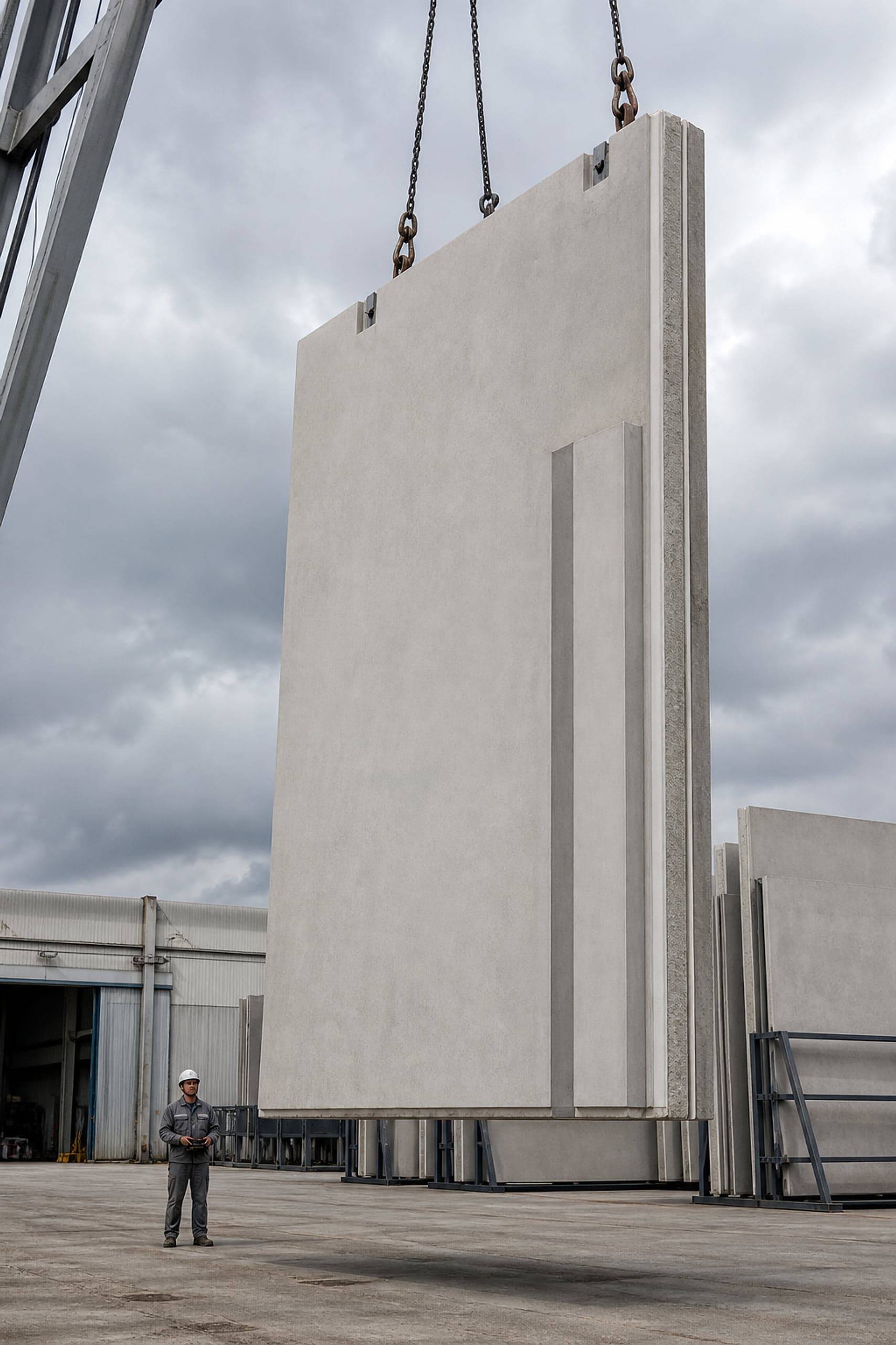 Großformatige Fassadenfertigteile werden im Werkshof per Kran versetzt