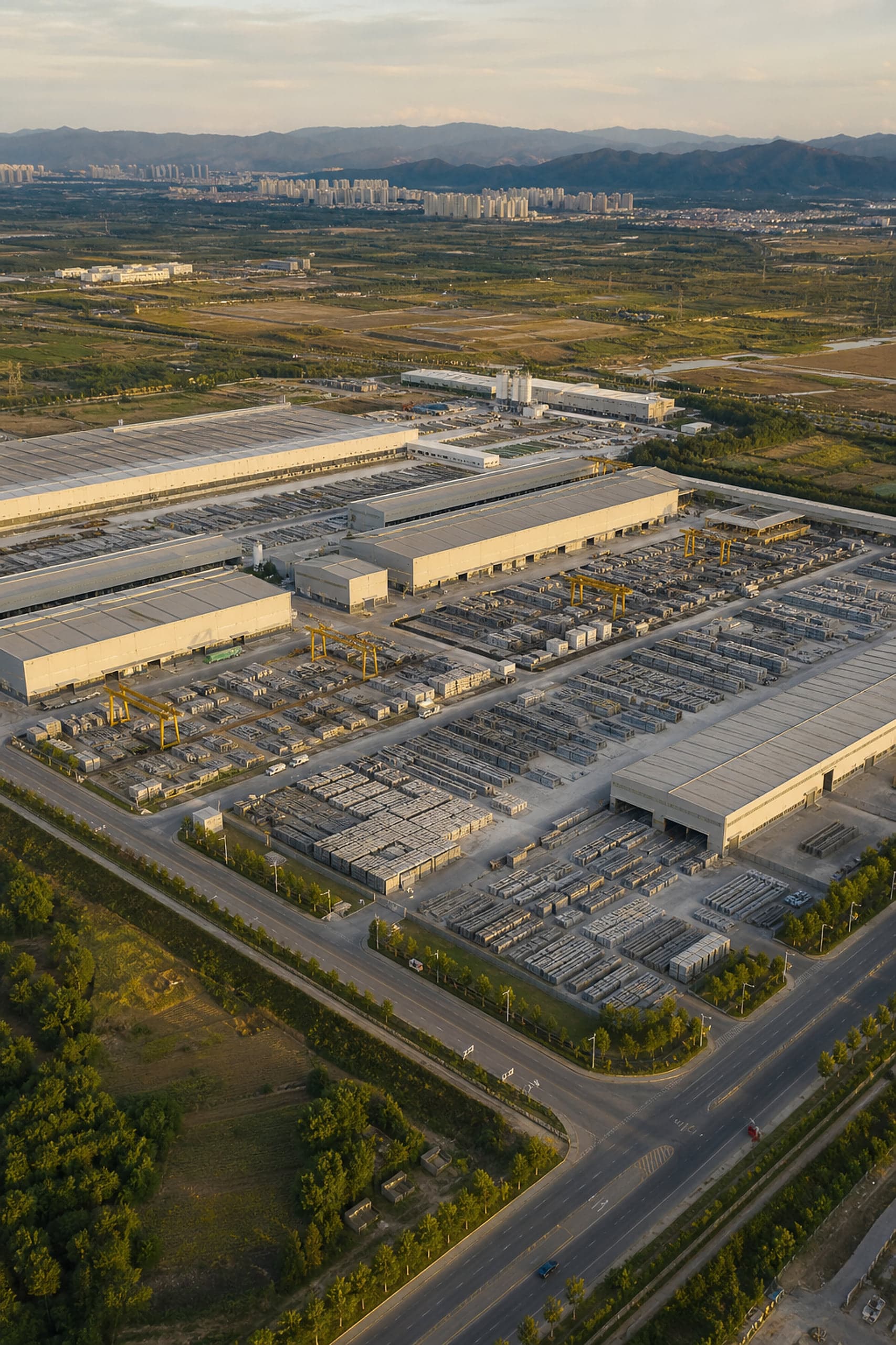 Luftaufnahme eines weitläufigen Fertigteilwerk-Campus mit Hallen, Hof und Logistikflächen