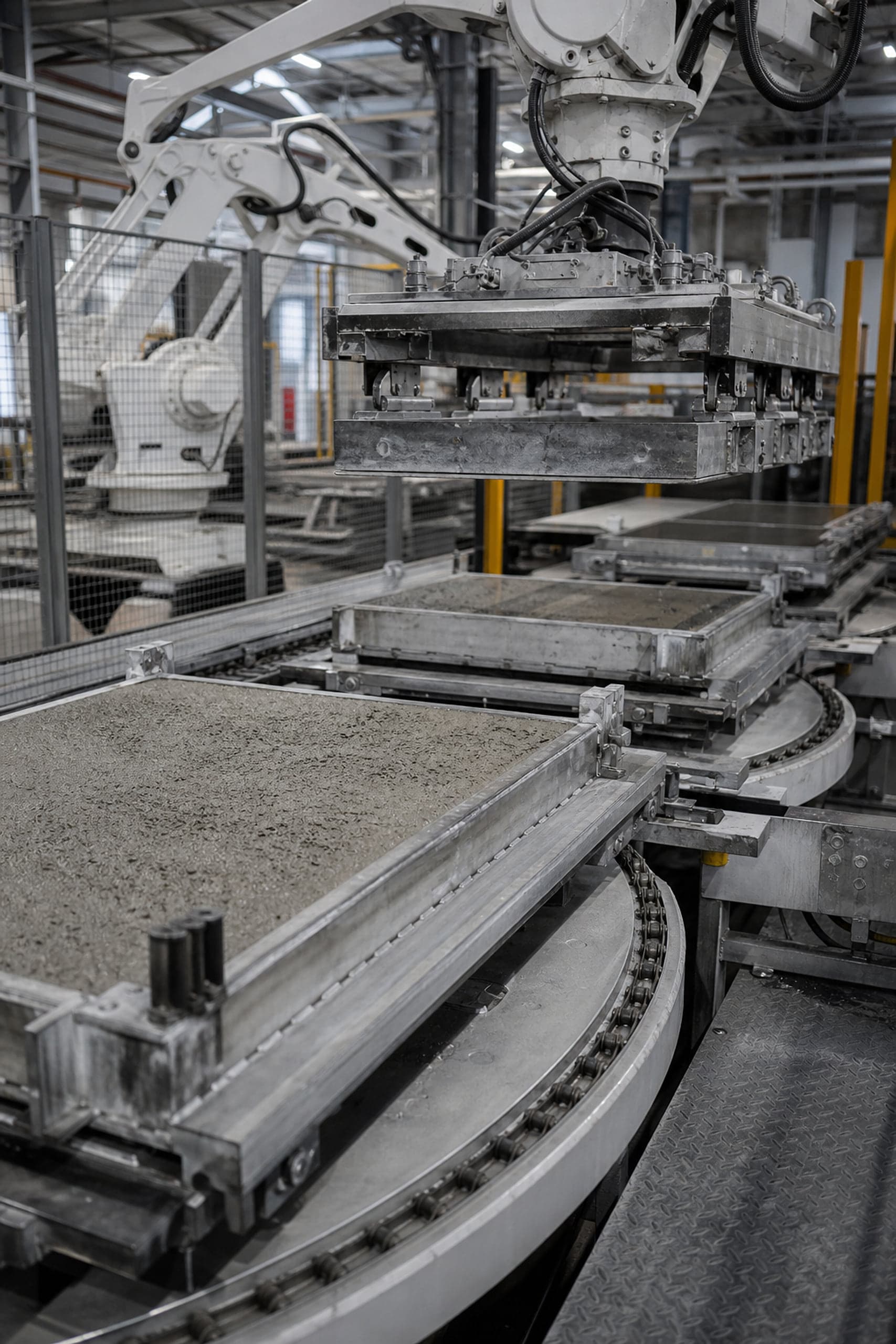 Automatisierte Fertigungslinie in einem Betonfertigteilwerk mit Palettenumlauf und Stahlschalungen