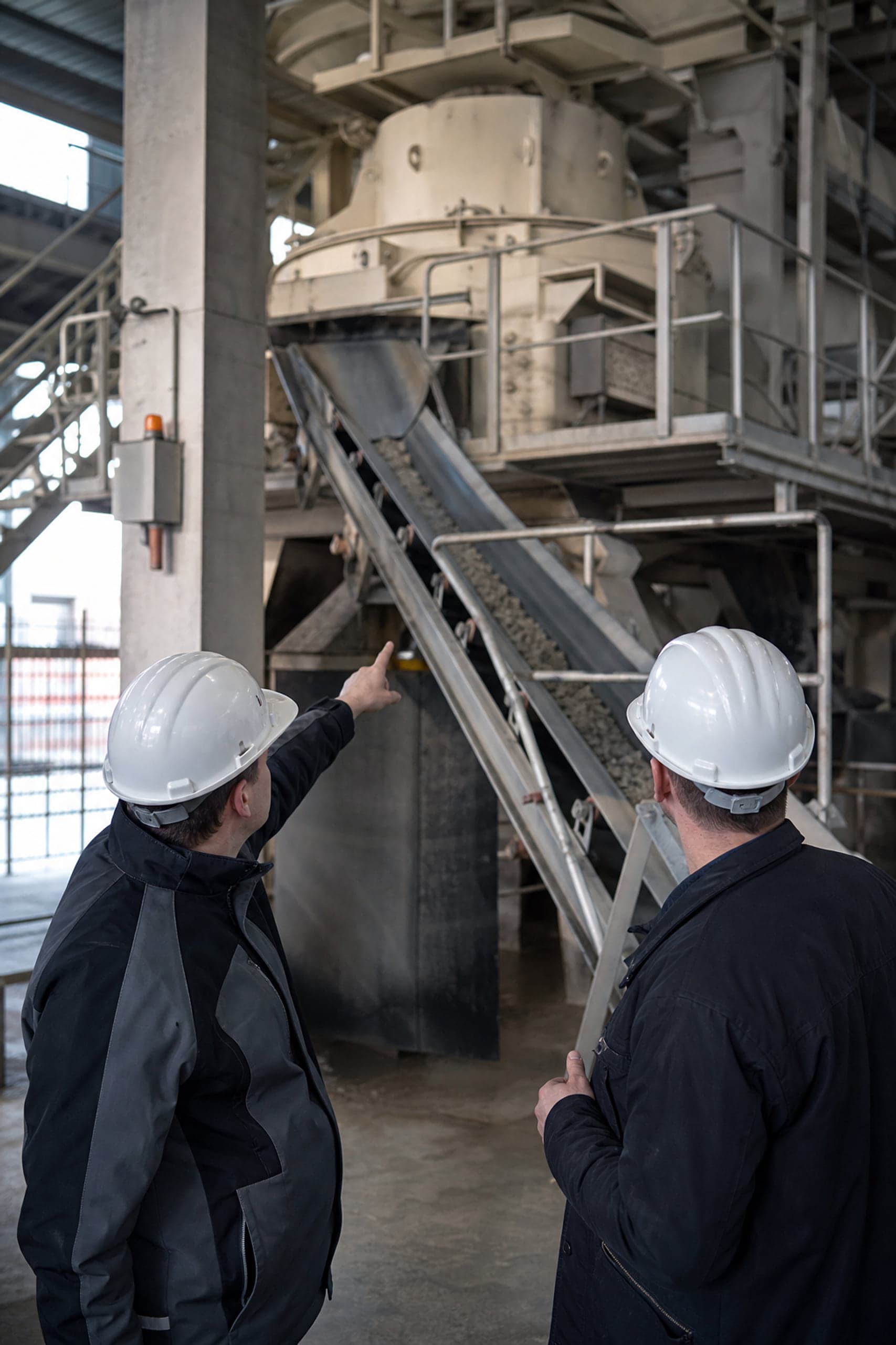 Zwei Ingenieure prüfen Misch- und Fördertechnik in einer Betonfertigungsanlage