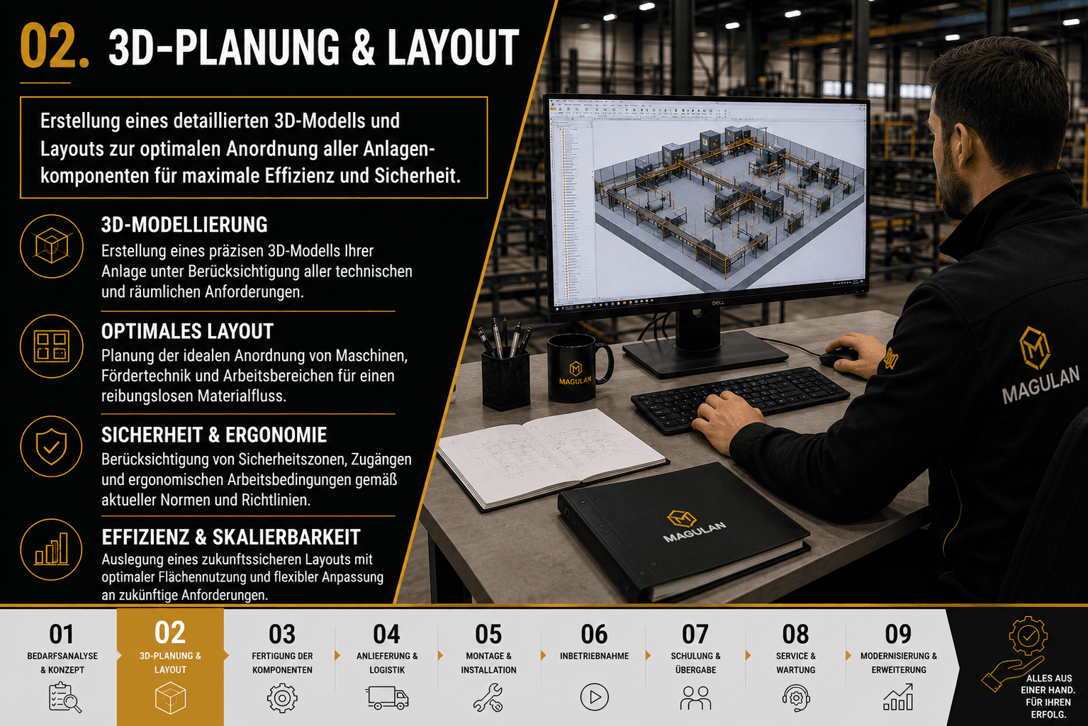 Ingenieur am Bildschirm mit dem 3D-Layout einer Fertigungslinie