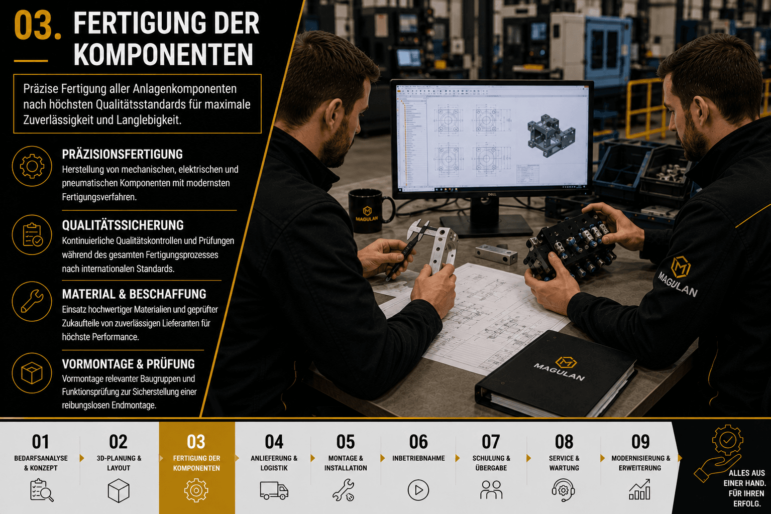 Techniker prüfen Bauteil und CAD-Zeichnung am Werktisch in der Fertigung