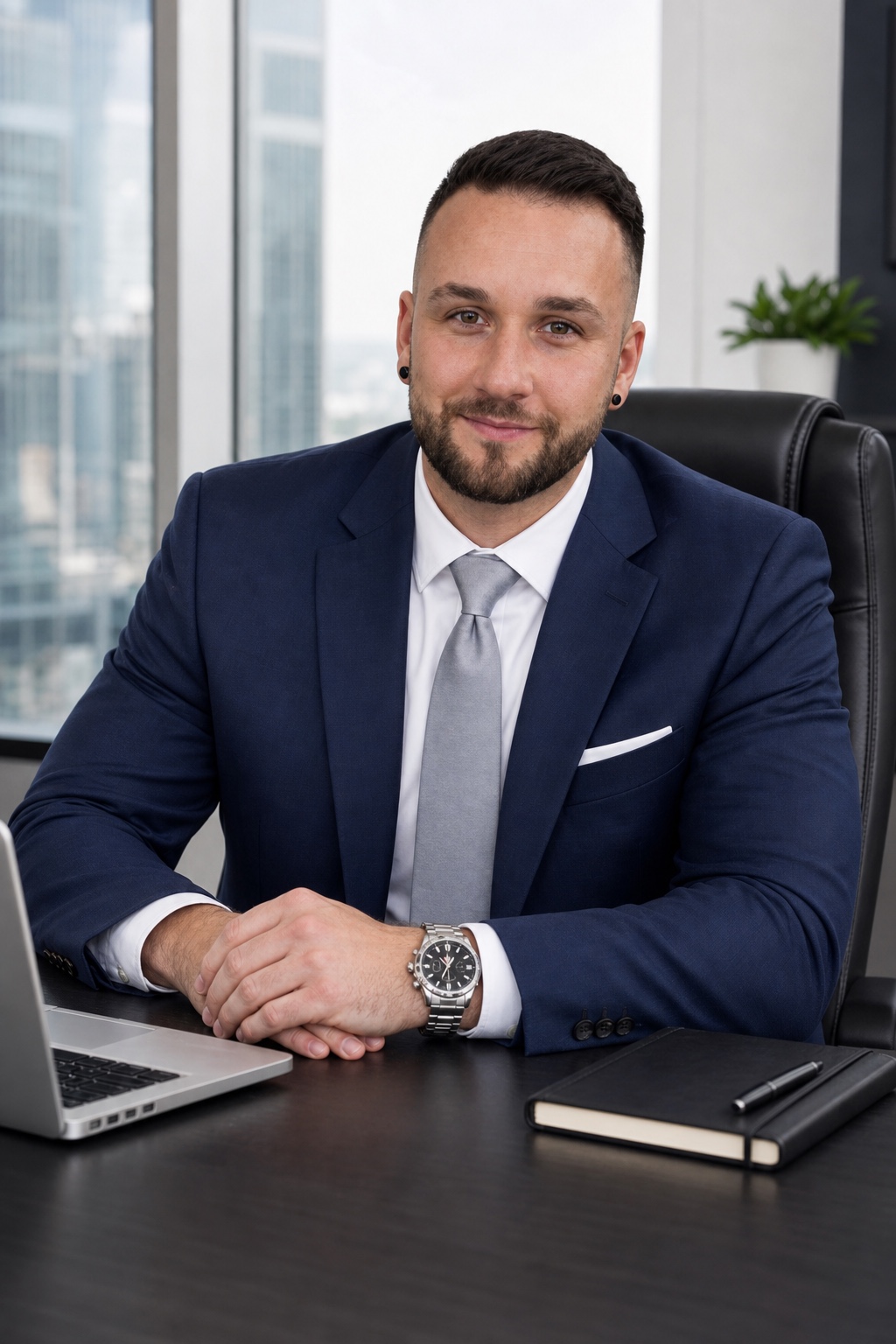 Rene Hirschmann, Head of Sales der Magulan Group, im dunklen Anzug am Schreibtisch