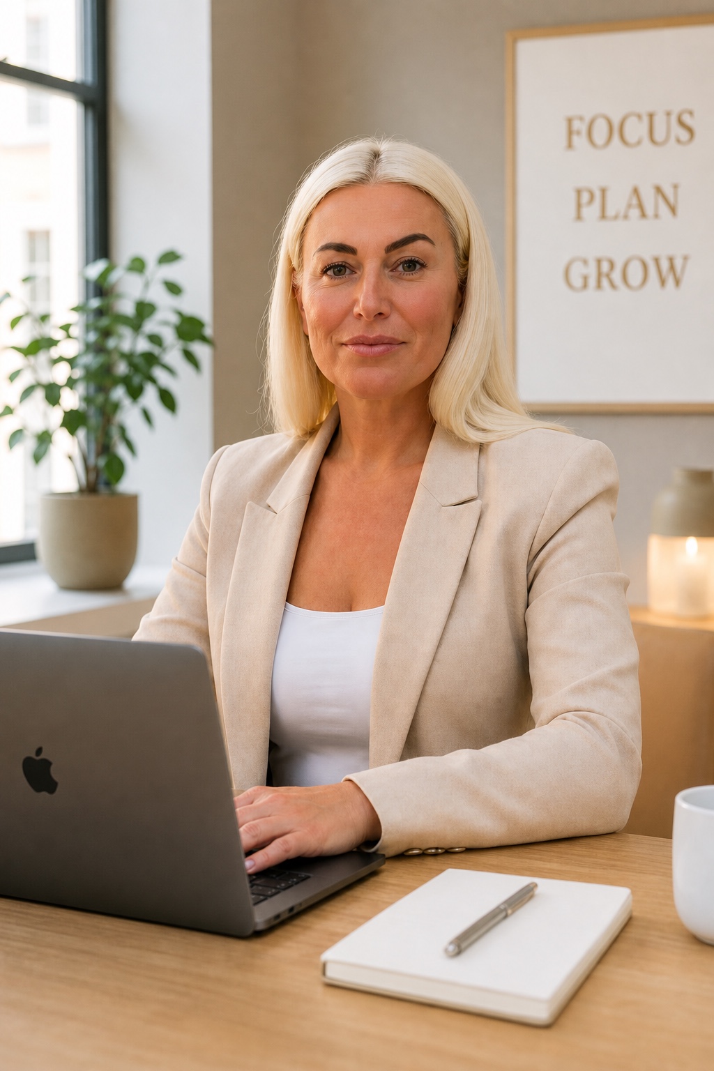 Anela Jakupovic, CFO der Magulan Group, am Laptop im hellen Sakko