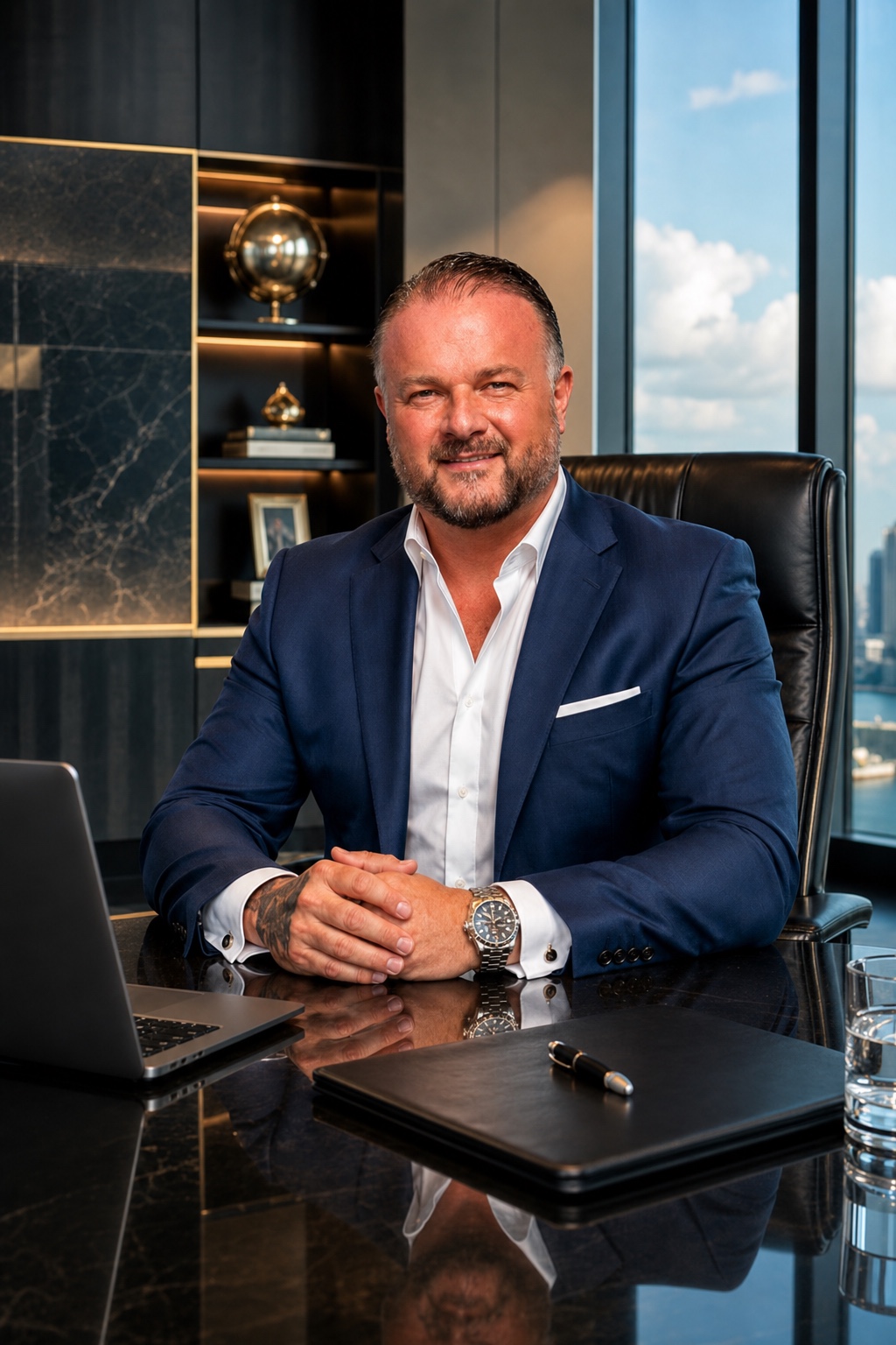 Michael M. Magulan, CEO der Magulan Group, am Schreibtisch im dunklen Sakko
