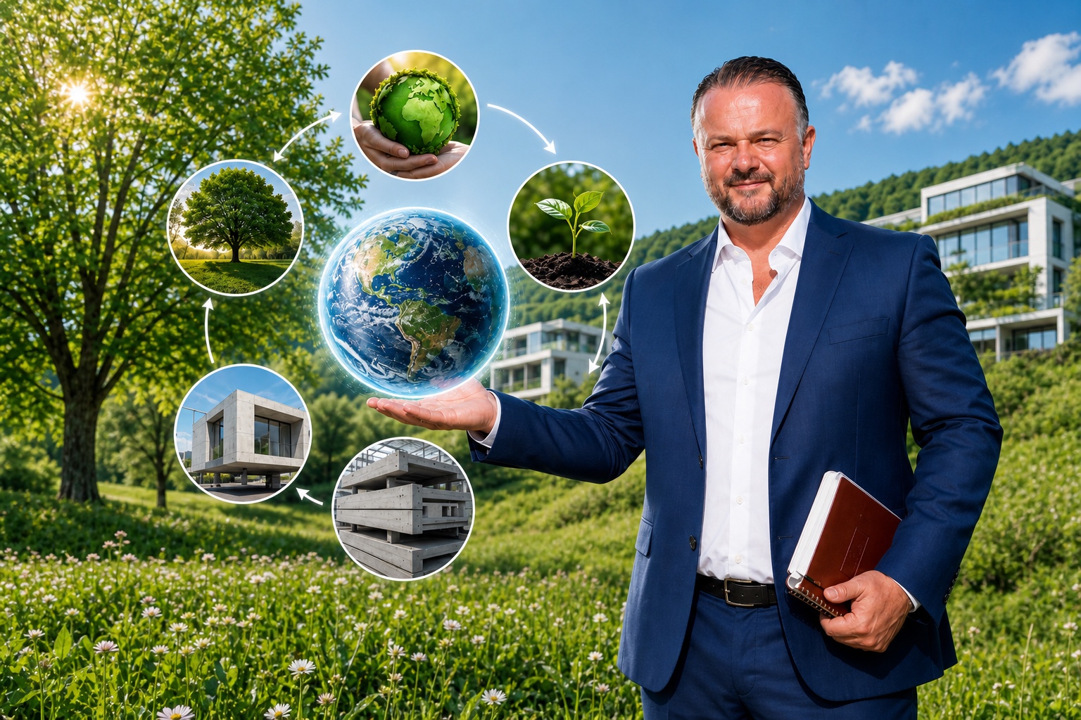Michael M. Magulan hält eine leuchtende Weltkugel, umgeben von Green Building, Fertigteilen und Natur